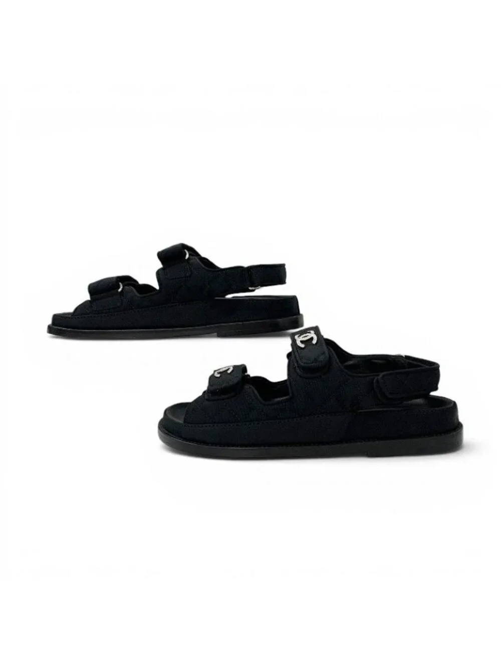 Chanel Sandals Shoes Fabric Black CC Logo Rhinestone Velcro Flat